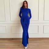 Blue  Sleek Round Neck Long Sleeve Dress - Fashionable Slim Fit with Wrinkled Details