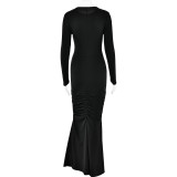 Black Sleek Round Neck Long Sleeve Dress - Fashionable Slim Fit with Wrinkled Details
