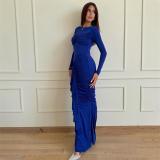 Blue  Sleek Round Neck Long Sleeve Dress - Fashionable Slim Fit with Wrinkled Details