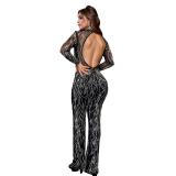 Black Mesh Long Sleeve Rhinestones Bodycon Fashion Casual Sexy Jumpsuits