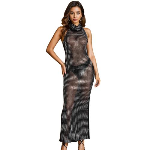 Black Sleeveless Mesh See Through Diamonds Bodycon Long Party Dress