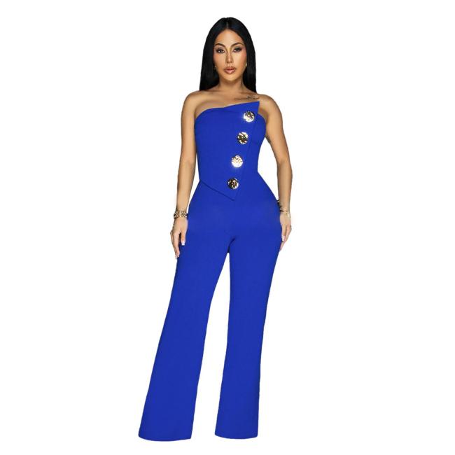 Blue Modern Women's Sleeveless Jumpsuit with Buttons Casual Chic