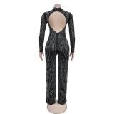 Black Mesh Long Sleeve Rhinestones Bodycon Fashion Casual Sexy Jumpsuits