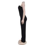 Black Modern Women's Sleeveless Jumpsuit with Buttons Casual Chic