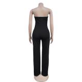 Black Modern Women's Sleeveless Jumpsuit with Buttons Casual Chic
