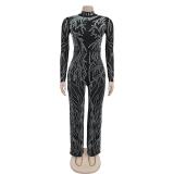 Black Mesh Long Sleeve Rhinestones Bodycon Fashion Casual Sexy Jumpsuits
