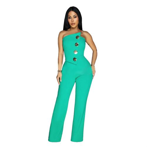 Green Modern Women's Sleeveless Jumpsuit with Buttons Casual Chic