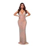 Beige Deep V Neck Mesh Rhinestones Bodycon Luxury Women Formal Birthday Maxi Dress