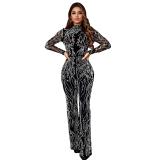 Black Mesh Long Sleeve Rhinestones Bodycon Fashion Casual Sexy Jumpsuits