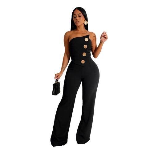 Black Modern Women's Sleeveless Jumpsuit with Buttons Casual Chic