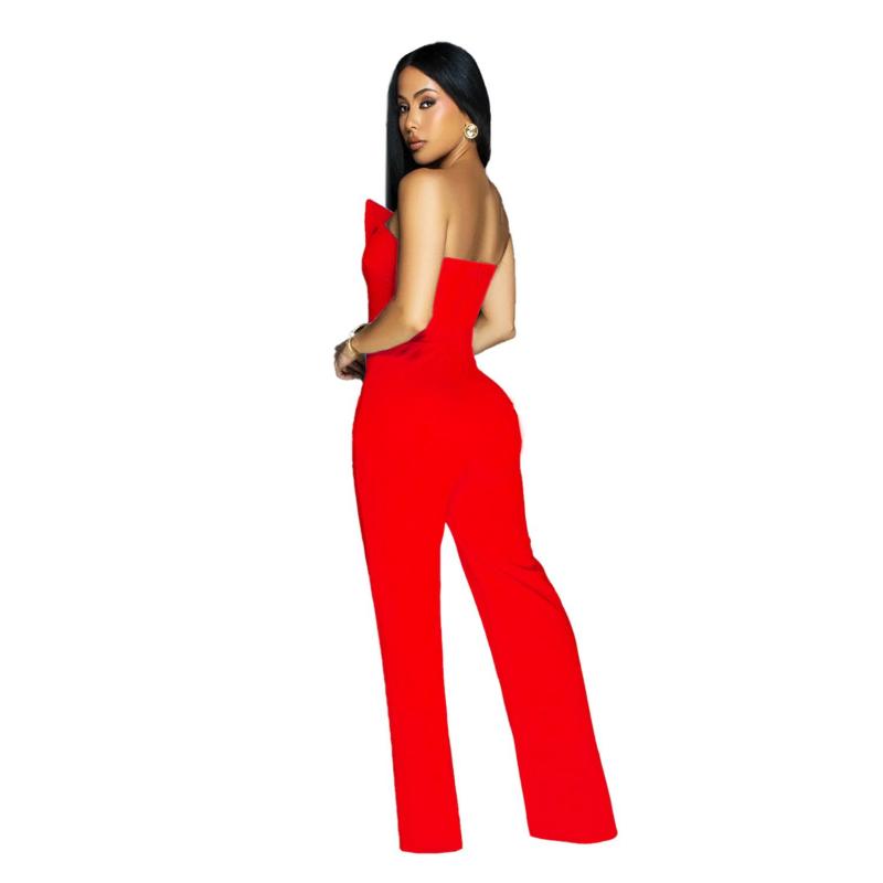 Red Modern Women's Sleeveless Jumpsuit with Buttons Casual Chic