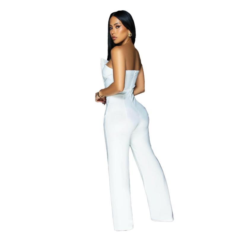 White Modern Women's Sleeveless Jumpsuit with Buttons Casual Chic