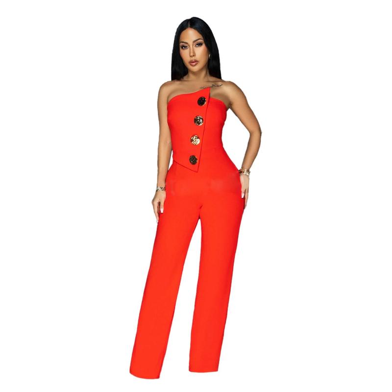 Red Modern Women's Sleeveless Jumpsuit with Buttons Casual Chic