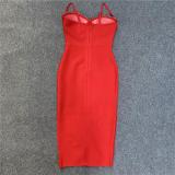 Red Straps Low Cut Diamonds V Neck Bandage Luxury Celebrity Club Evening Midi Dress