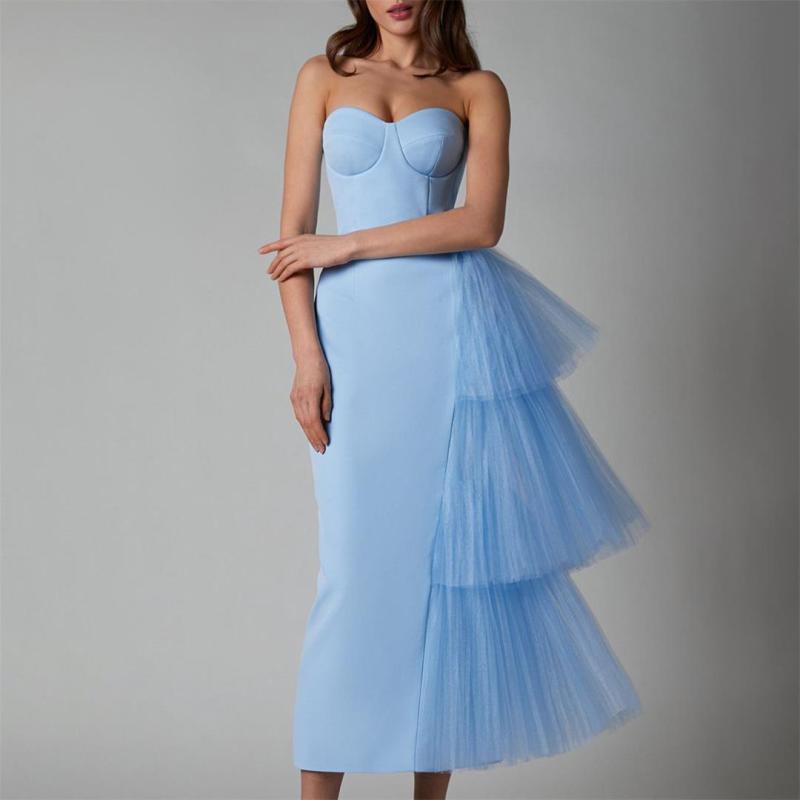 Sky Blue Strapless Off Shoulder Pleated Mesh Ruffles Luxury Evening Party Prom Midi Dress