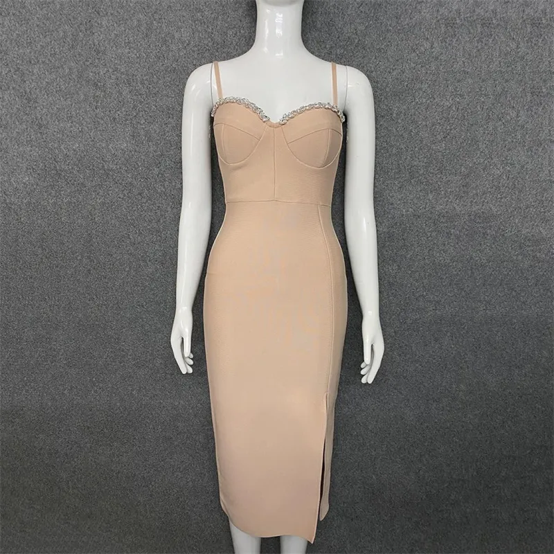 Beige Straps Low Cut Diamonds V Neck Bandage Luxury Celebrity Club Evening Midi Dress 003