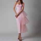 Pink Strapless Off Shoulder Pleated Mesh Ruffles Luxury Evening Party Prom Midi Dress
