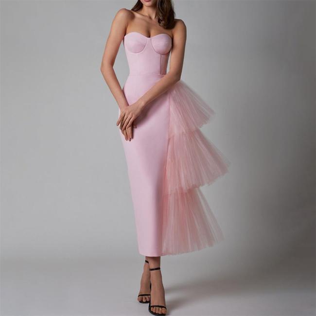 Pink Strapless Off Shoulder Pleated Mesh Ruffles Luxury Evening Party Prom Midi Dress