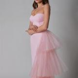 Pink Strapless Off Shoulder Pleated Mesh Ruffles Luxury Evening Party Prom Midi Dress
