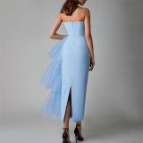 Sky Blue Strapless Off Shoulder Pleated Mesh Ruffles Luxury Evening Party Prom Midi Dress
