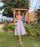 Purple Off Shoulder Lace Embroidered Luxury Women Party Midi Skirt Dress