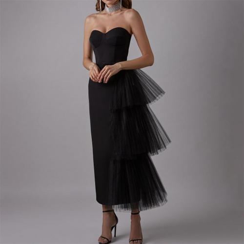 Black Strapless Off Shoulder Pleated Mesh Ruffles Luxury Evening Party Prom Midi Dress