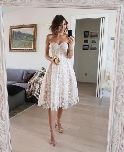White Off Shoulder Lace Embroidered Luxury Women Party Midi Skirt Dress