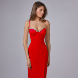 Red Straps Low Cut Diamonds V Neck Bandage Luxury Celebrity Club Evening Midi Dress