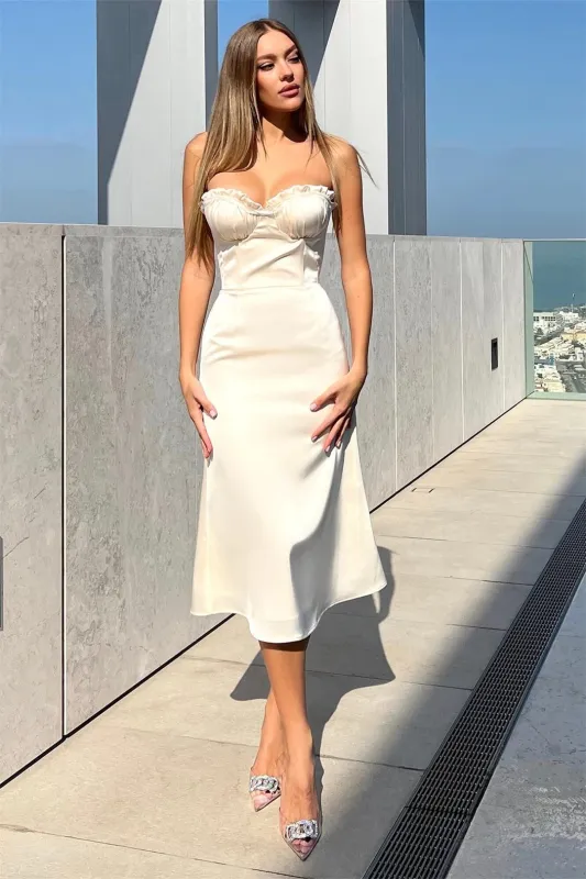 White Off Shoulder Pleated Strapless Bodycon Luxury Evening Formal Dress