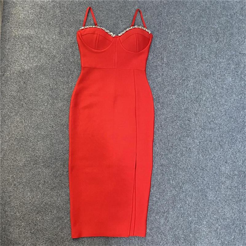 Red Straps Low Cut Diamonds V Neck Bandage Luxury Celebrity Club Evening Midi Dress