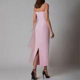 Pink Strapless Off Shoulder Pleated Mesh Ruffles Luxury Evening Party Prom Midi Dress