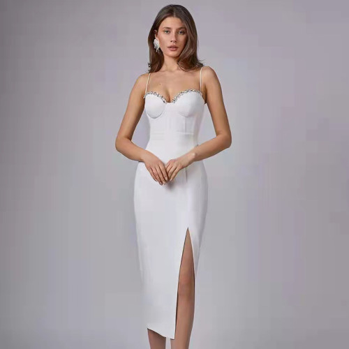 White Straps Low Cut Diamonds V Neck Bandage Luxury Celebrity Club Evening Midi Dress