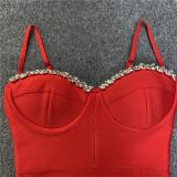 Red Straps Low Cut Diamonds V Neck Bandage Luxury Celebrity Club Evening Midi Dress