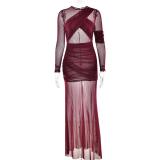 Claret Mesh Long Sleeve See Through Pleated Snatched Evening Women Maxi Dress