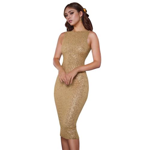 Beige Black Sleeveless Sequins Bodycon Evening Party Midi Dress