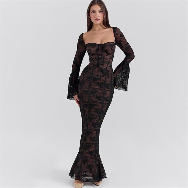 Black Elegant Bell Sleeves Low Cut Lace Hollow Out Sexy Evening Maxi Dress