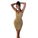 Gold Strapless Low Cut Rhinestones Tassels Mesh Mini Evening Bodycon Dress