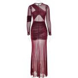 Claret Mesh Long Sleeve See Through Pleated Snatched Evening Women Maxi Dress