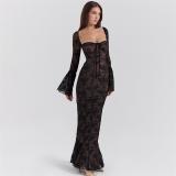 Black Elegant Bell Sleeves Low Cut Lace Hollow Out Sexy Evening Maxi Dress