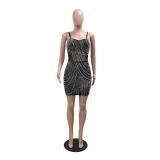 Black Strapless Low Cut Rhinestones Tassels Mesh Mini Evening Bodycon Dress