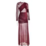 Claret Mesh Long Sleeve See Through Pleated Snatched Evening Women Maxi Dress