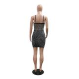 Black Strapless Low Cut Rhinestones Tassels Mesh Mini Evening Bodycon Dress