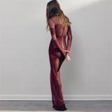 Claret Mesh Long Sleeve See Through Pleated Snatched Evening Women Maxi Dress