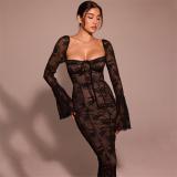 Black Elegant Bell Sleeves Low Cut Lace Hollow Out Sexy Evening Maxi Dress