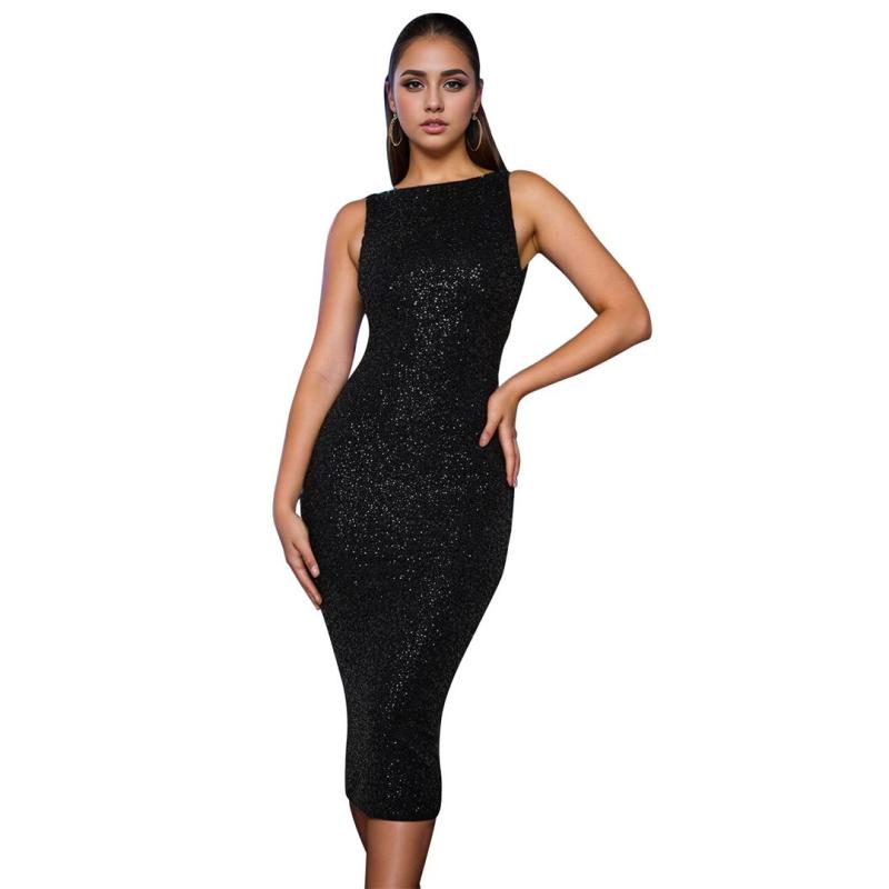Black Sleeveless Sequins Bodycon Evening Party Midi Dress