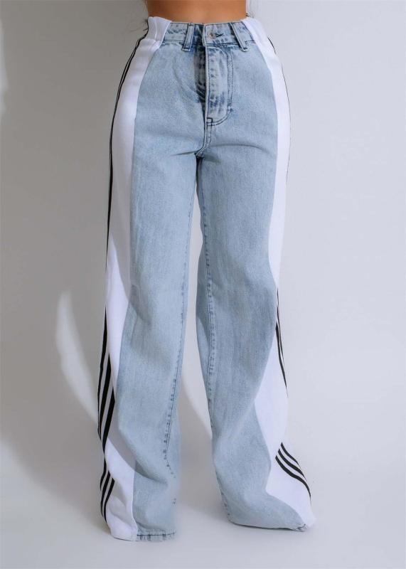 LightBlue-White Striped Casual Wide Leg Denim Women High Waist Stretch Straight Jeans Pants