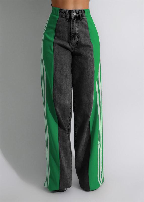 Black-Green Striped Casual Wide Leg Denim Women High Waist Stretch Straight Jeans Pants