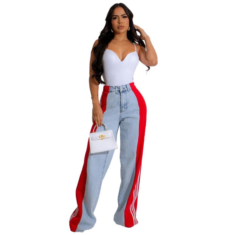 LightBlue-Red Striped Casual Wide Leg Denim Women High Waist Stretch Straight Jeans Pants