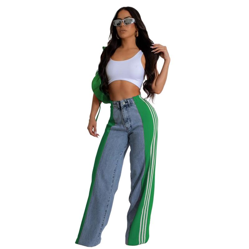 Blue-Green Striped Casual Wide Leg Denim Women High Waist Stretch Straight Jeans Pants