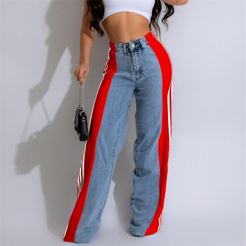 Blue-Red Striped Casual Wide Leg Denim Women High Waist Stretch Straight Jeans Pants